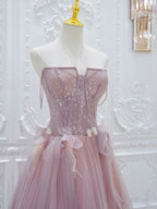 Pink A Line Tulle Lace Long Formal Prom Dresses, Pink Tulle Formal Dresses