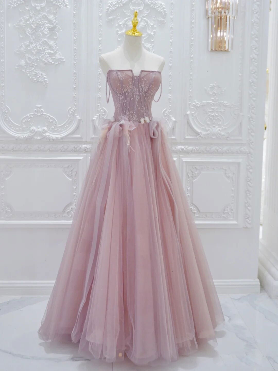 Pink A Line Tulle Lace Long Formal Prom Dresses, Pink Tulle Formal Dresses Main image