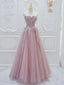 Pink A Line Tulle Lace Long Formal Prom Dresses, Pink Tulle Formal Dresses