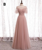 Pink Elegant A-Line Tulle Long Ball Gown Formal Evening Gown Bridesmaid Dresses