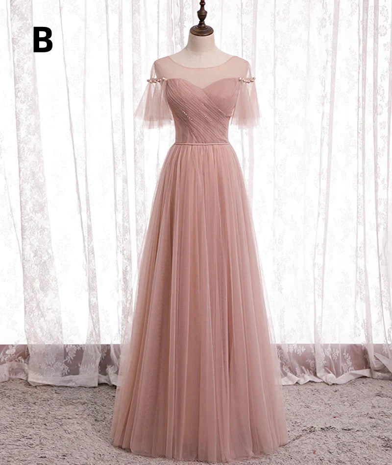 Pink Elegant A-Line Tulle Long Ball Gown Formal Evening Gown Bridesmaid Dresses