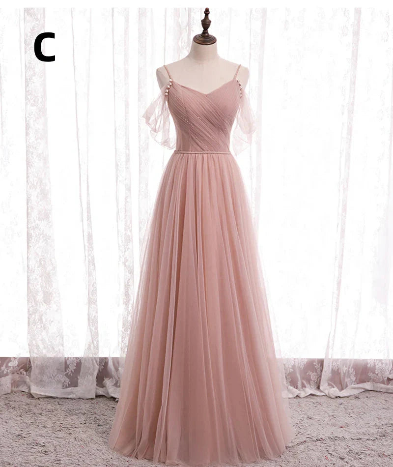 Pink Elegant A-Line Tulle Long Ball Gown Formal Evening Gown Bridesmaid Dresses