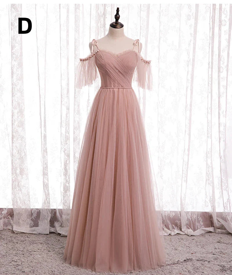 Pink Elegant A-Line Tulle Long Ball Gown Formal Evening Gown Bridesmaid Dresses