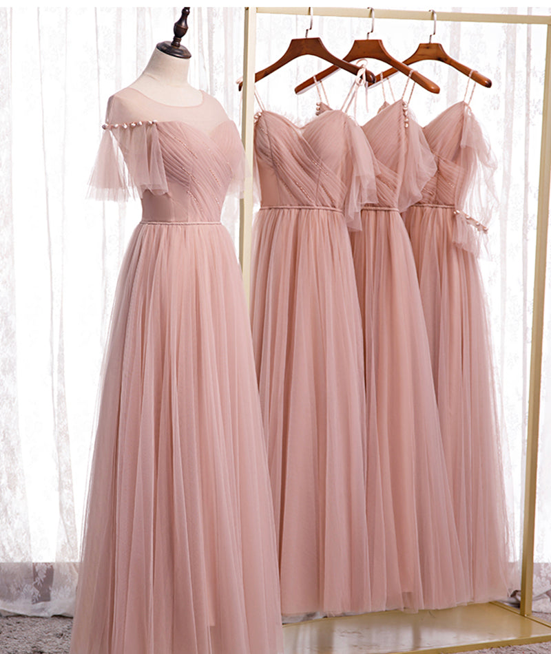 Pink Elegant A-Line Tulle Long Ball Gown Formal Evening Gown Bridesmaid Dresses