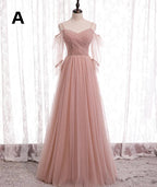 Pink Elegant A-Line Tulle Long Ball Gown Formal Evening Gown Bridesmaid Dresses