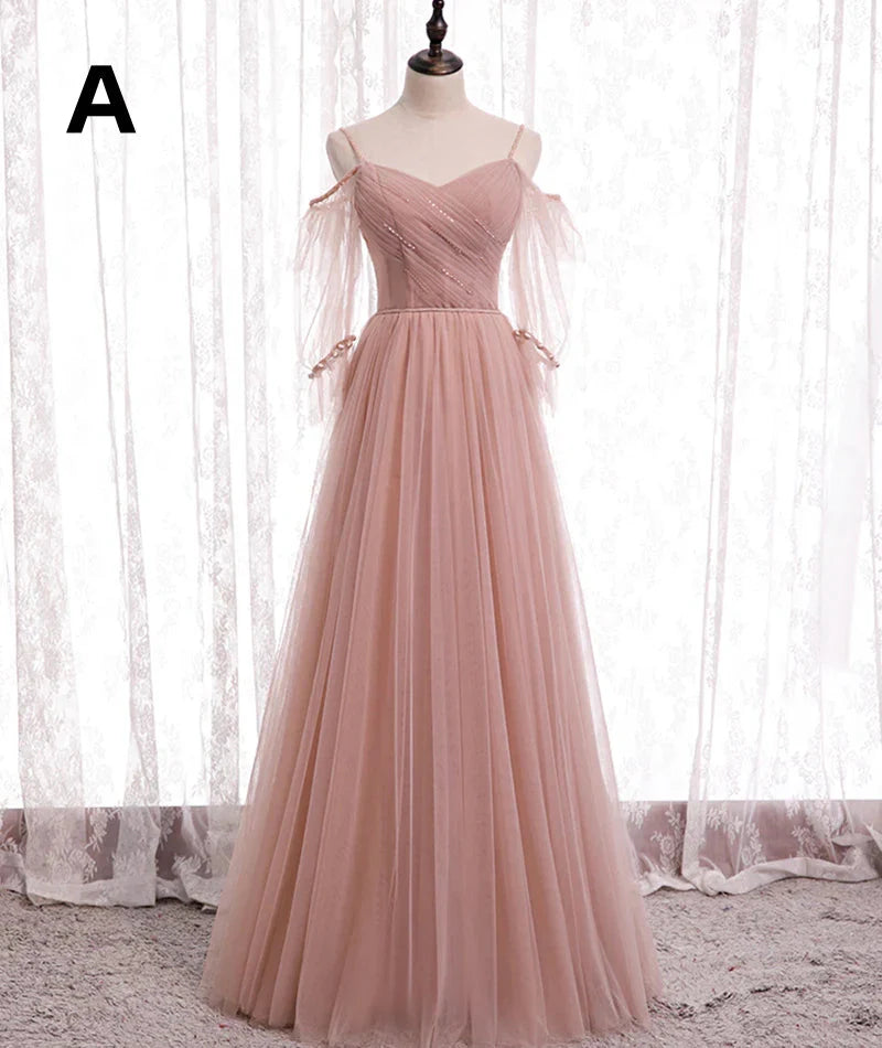 Pink Elegant A-Line Tulle Long Ball Gown Formal Evening Gown Bridesmaid Dresses
