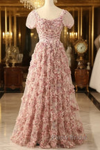 Pink A-Line Tulle Pleated Floral Long Formal Prom Dresses Adult Ceremony Graduation Formal Prom Dresses