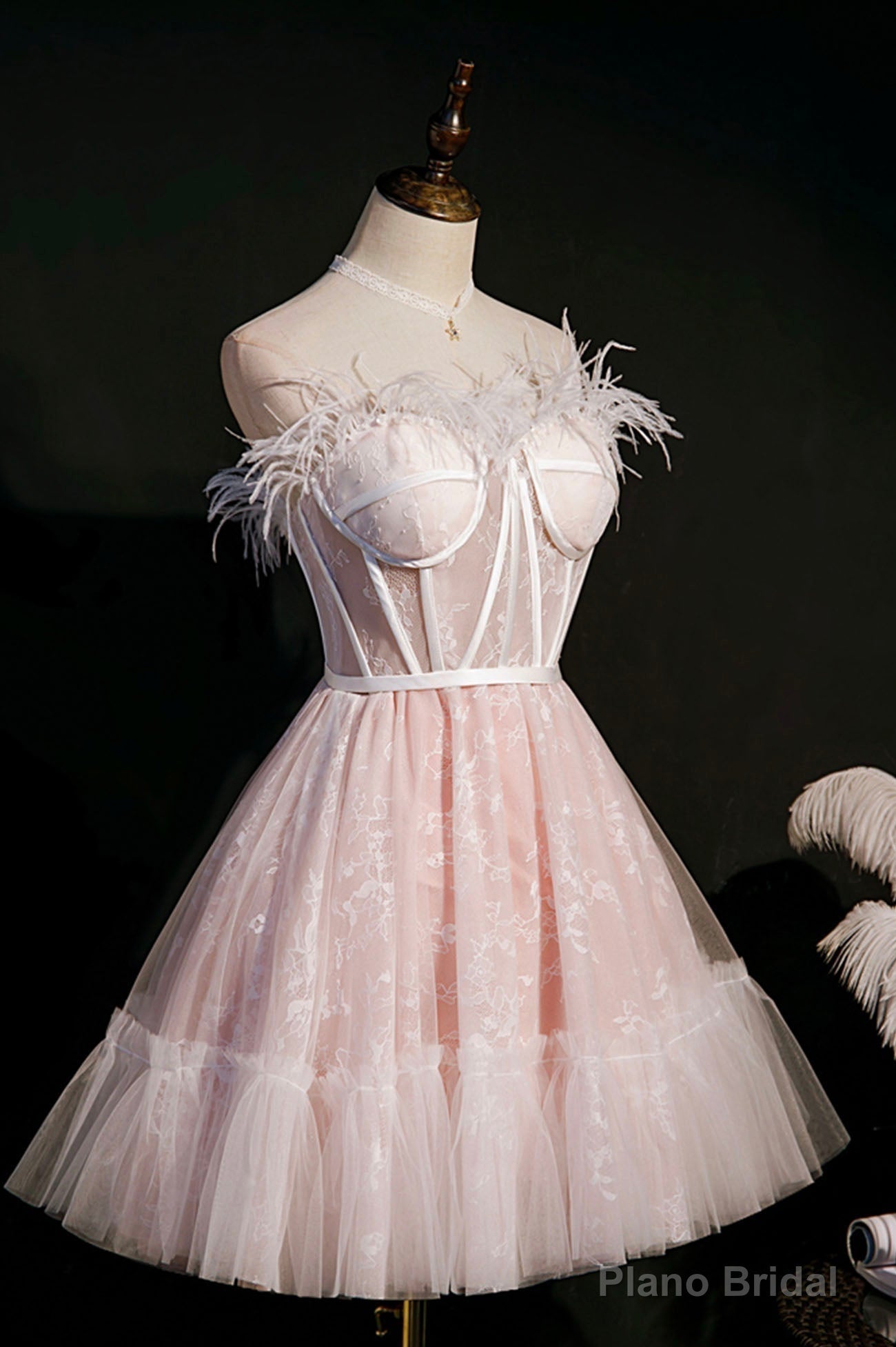 Pink A-Line Tulle Short Prom Dress with Feather, Pink Strapless Party Dress Secondary image
