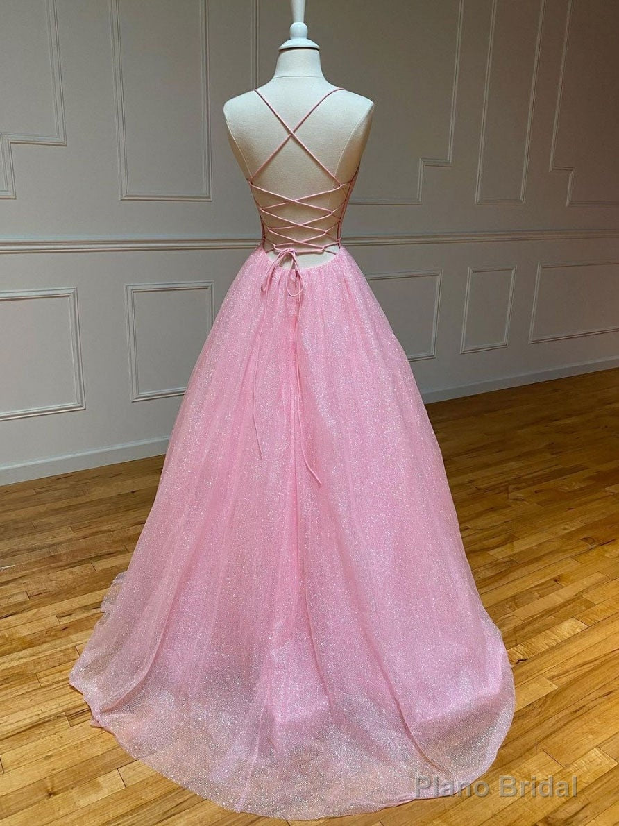 Pink A-line v neck tulle long prom dress, pink evening dress Secondary image