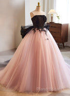 Pink And Black Lace Tulle Ball Gown Sweet 16 Dresses, Pink And Black Long Formal Dresses