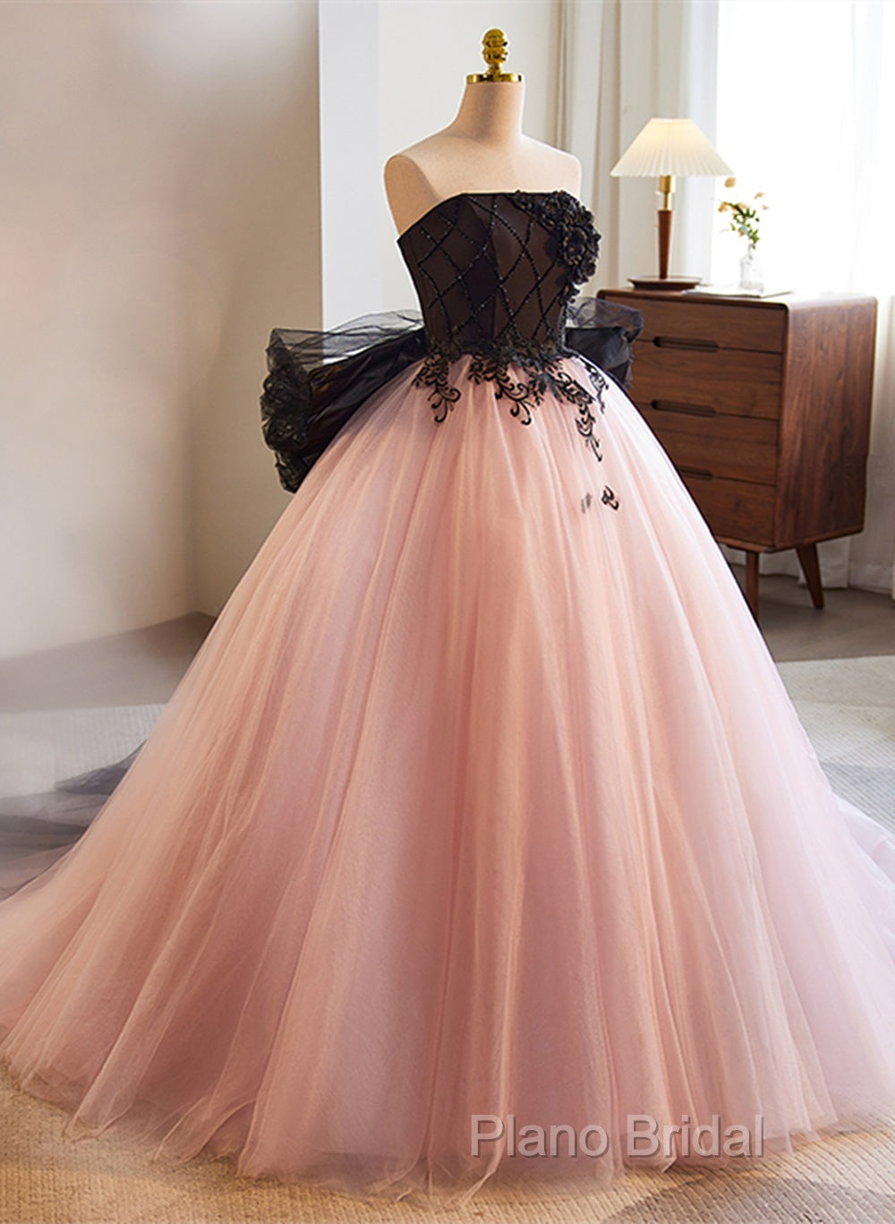 Pink And Black Lace Tulle Ball Gown Sweet 16 Dresses, Pink And Black Long Formal Dresses