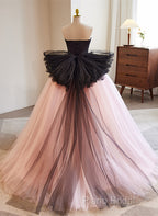 Pink And Black Lace Tulle Ball Gown Sweet 16 Dresses, Pink And Black Long Formal Dresses