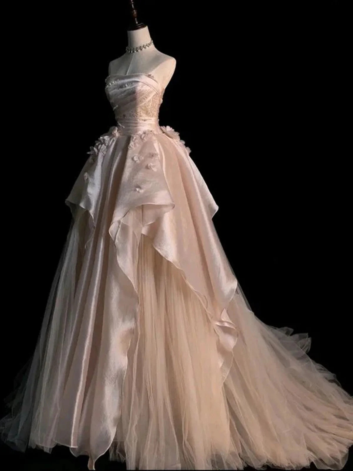 Pink And Champagne Strapless A-Line Tulle Party Dresses, Satin And Tulle Formal Dresses Secondary image