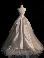 Pink And Champagne Strapless A-Line Tulle Party Dresses, Satin And Tulle Formal Dresses
