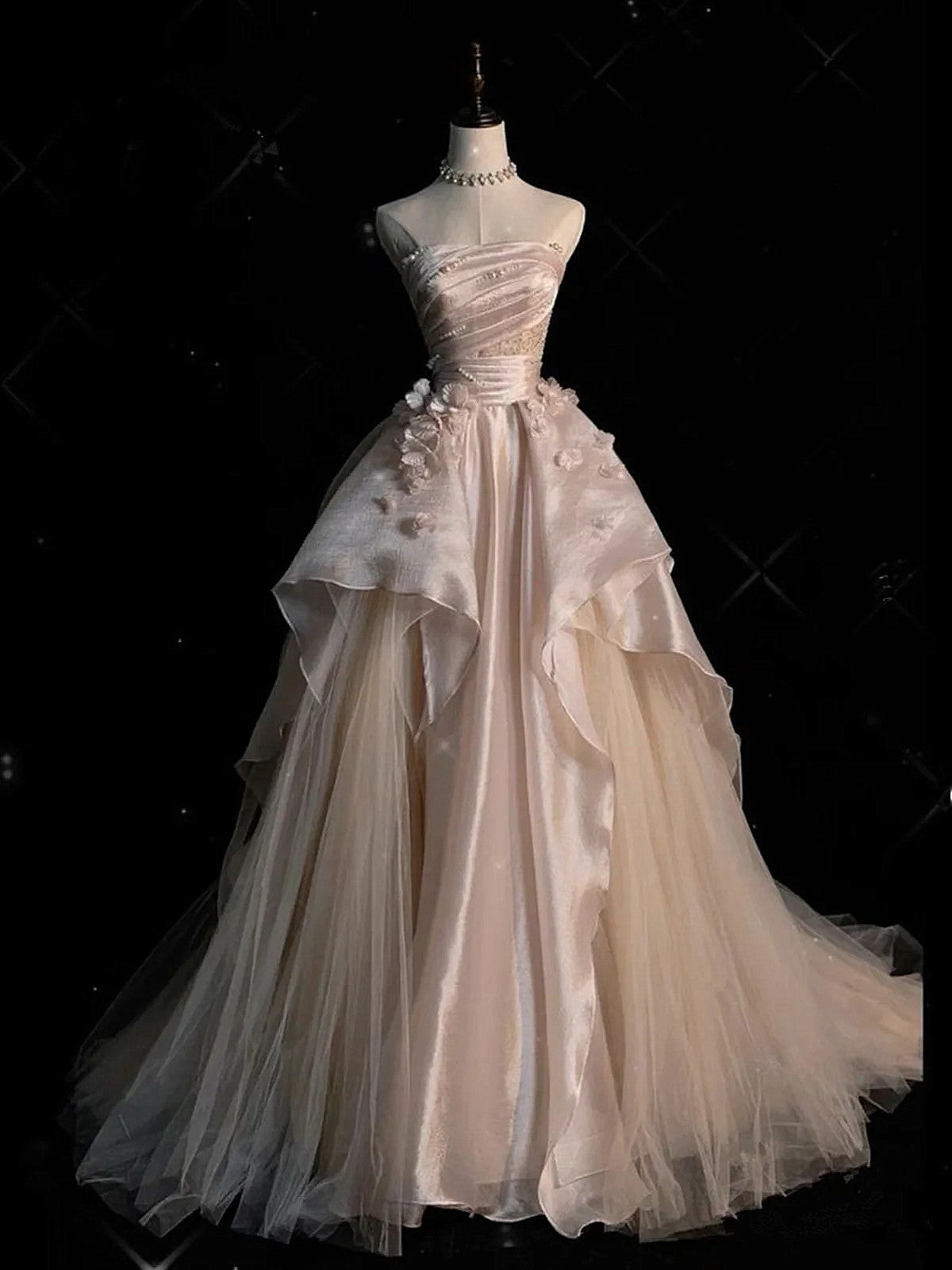 Pink And Champagne Strapless A-Line Tulle Party Dresses, Satin And Tulle Formal Dresses Main image