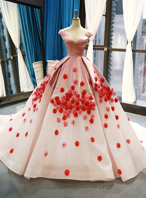 Pink And White Ball Gown Off The Shoulder Appliques Backless Sweet 16 Dresses Main image