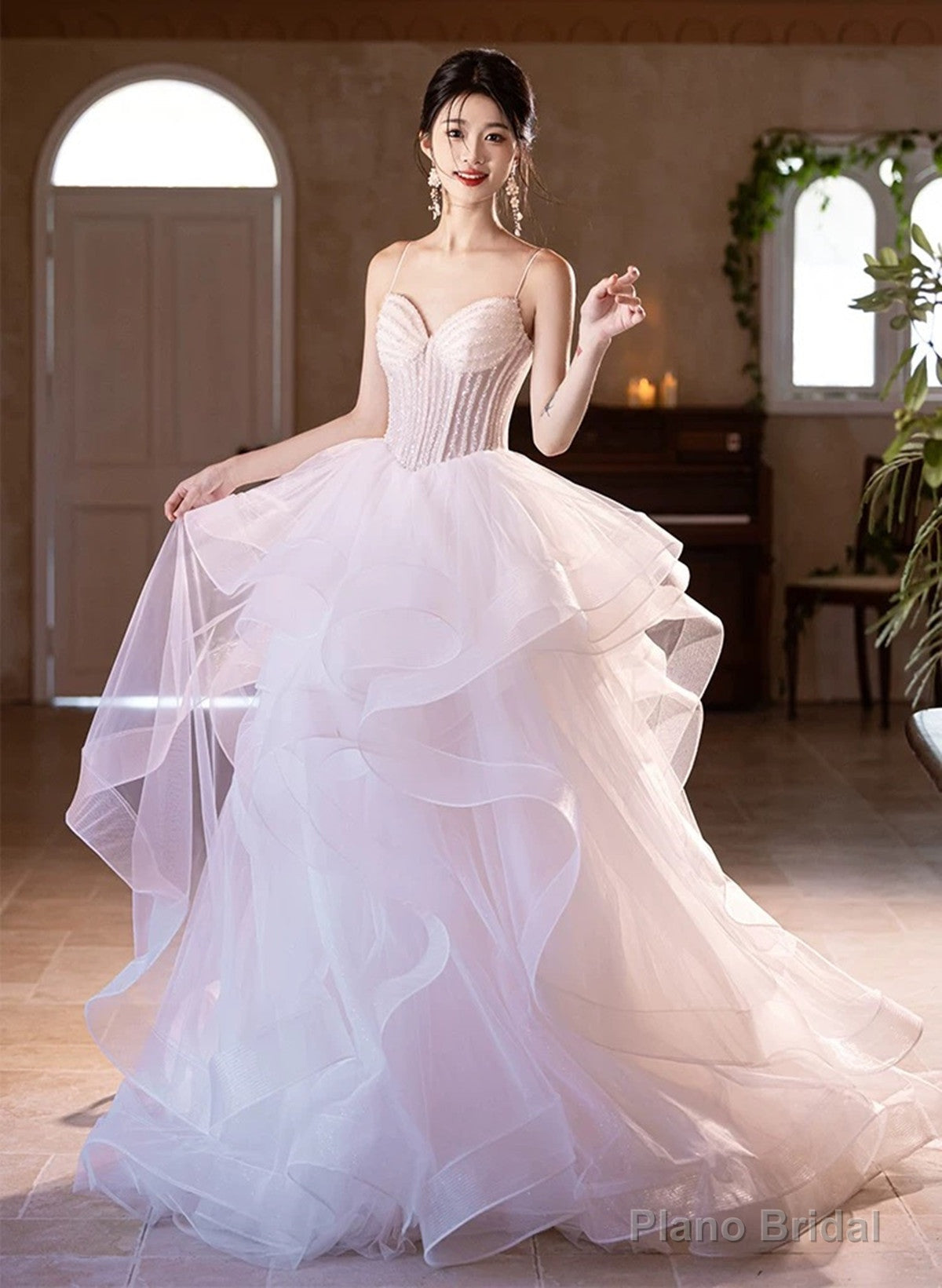 Pink and White Tulle Beaded Layers Sweet 16 Dress, Tulle Long Prom Dress Main image