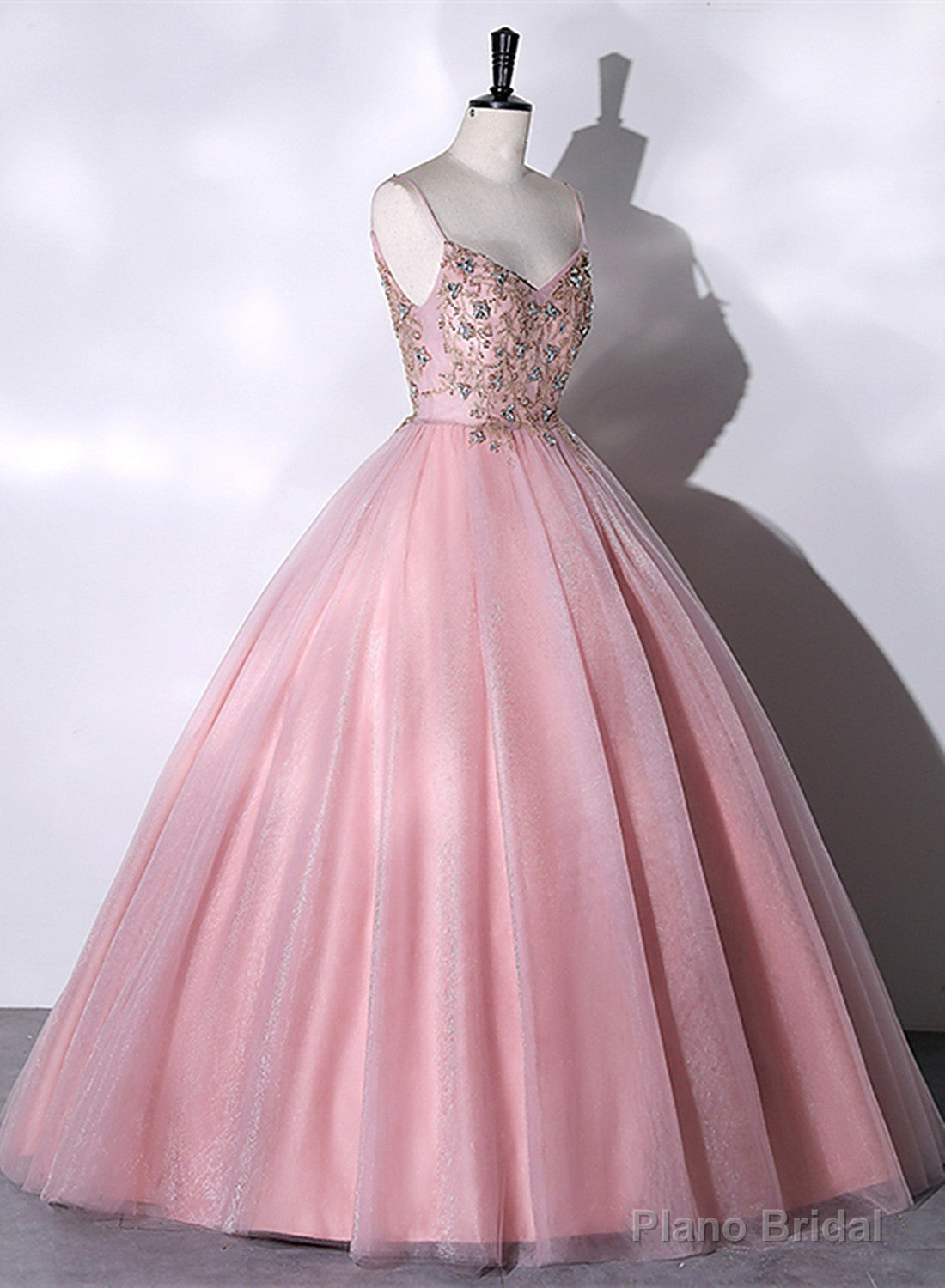 Pink Ball Gown Beaded V-neckline Prom Dress, Pink Sweet 16 Dresses Main image