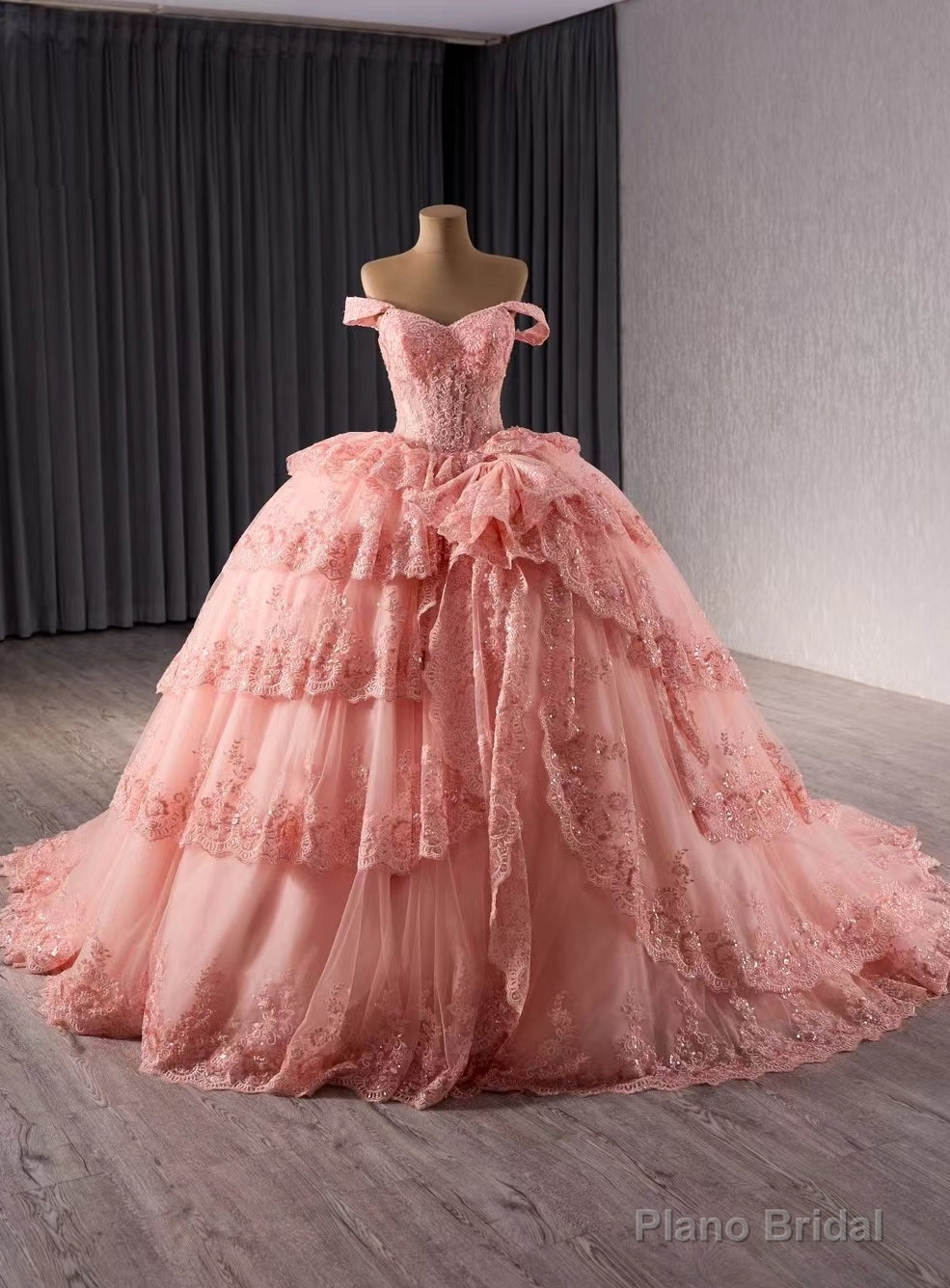Pink Ball Gown Lace Tiers Prom Dress Main image