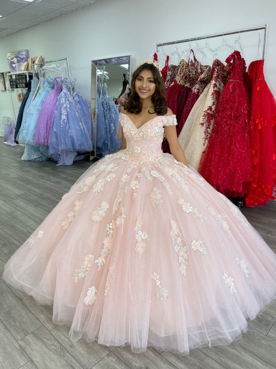 Pink Gorgeous Applique Sweet Long Tulle Elegant Ball Gown Formal Dresses Coming Of Age Ceremony Dresses