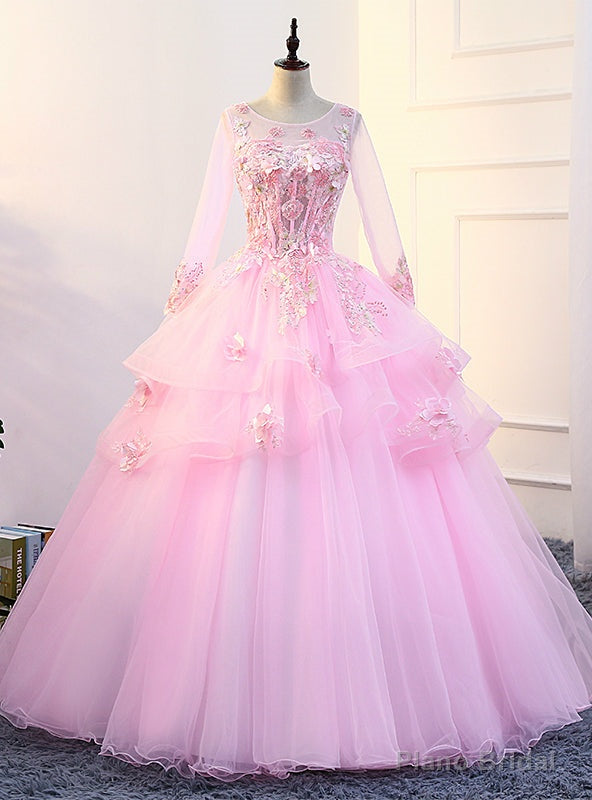 Pink Ball Gown Tulle Appliques Long Sleeve Quinceanera Dresses Main image
