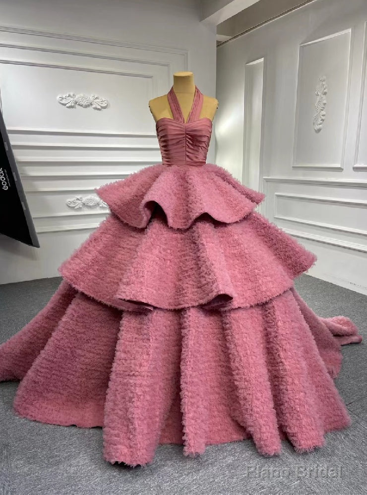 Pink Ball Gown Tulle Halter Tiers Prom Dress Main image