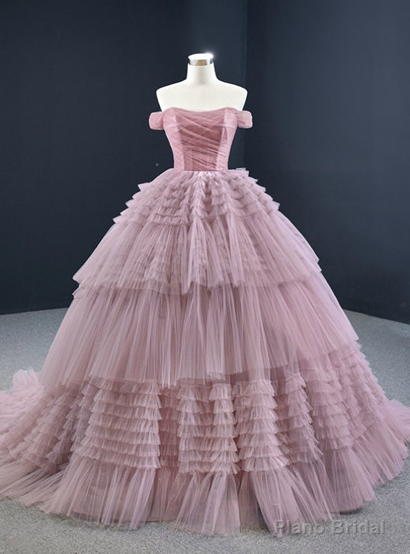 Pink Ball Gown Tulle Off the Shoulder Pleats Prom Dress Main image