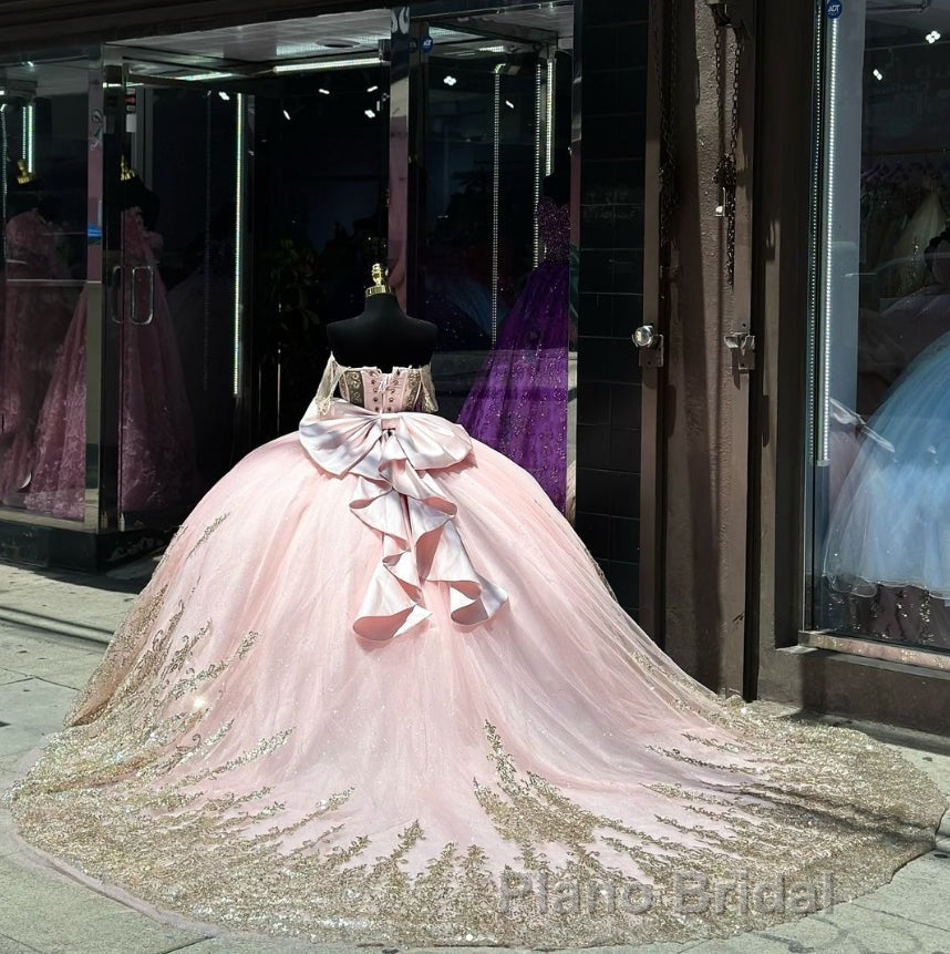 Pink Ball Gown Tulle Off-the-Shoulder Quinceanera Dresses with Sequins Secondary image
