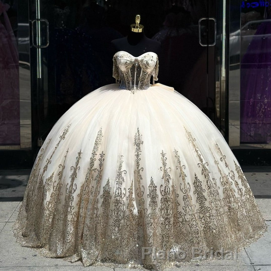 Pink Ball Gown Tulle Off-the-Shoulder Quinceanera Dresses with Sequins