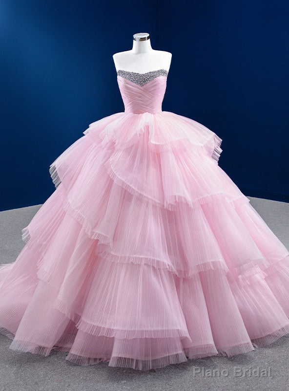 Pink Ball Gown Tulle Pleats Beading Ctystal Prom Dress Main image