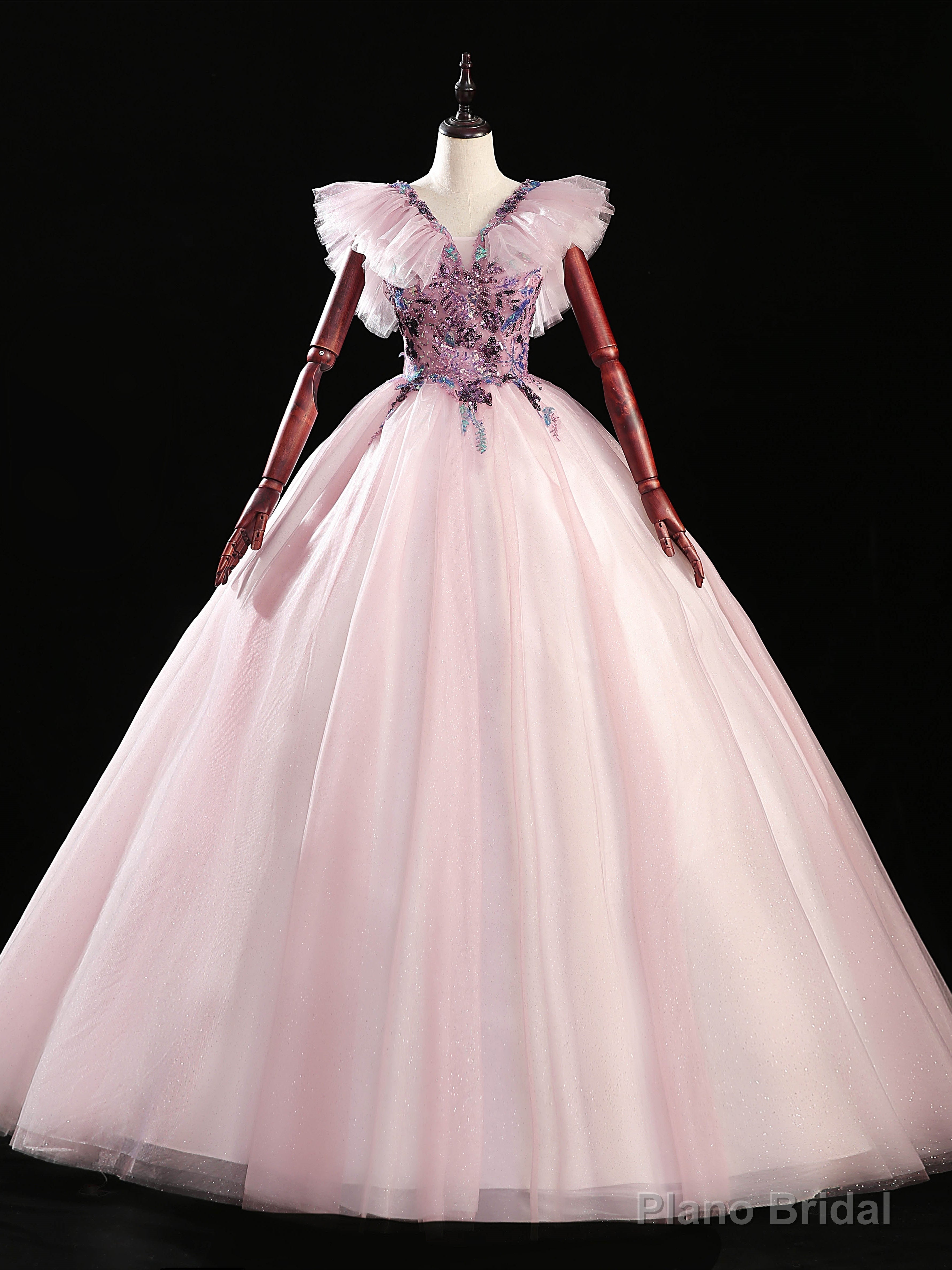 Pink Ball Gown Tulle Sequins Beading Quinceanera Dress