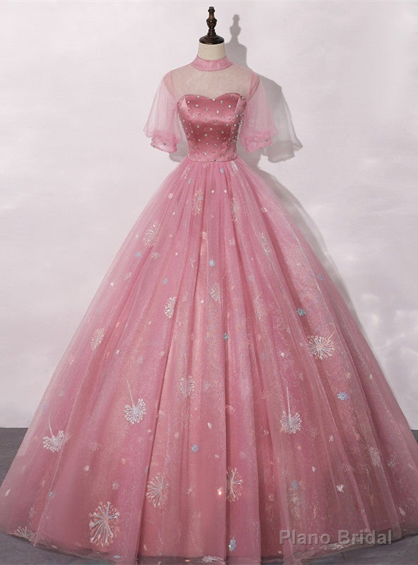 Pink Ball Gown Tulle Short Sleeve Beading Quinceanera Dress Main image
