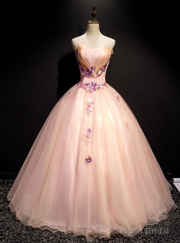 Pink Ball Gown Tulle Strapless Appliques Quinceanera Dress Main image