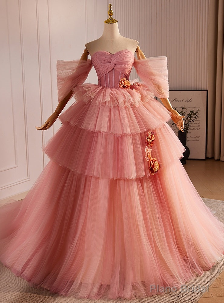 Pink Ball Gown Tulle Sweetheart Tiers Pleats Prom Dress Main image