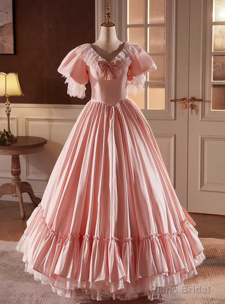 Pink Ball Gown V-neck Puff Sleeve Satin Lace Prom Dress Main image