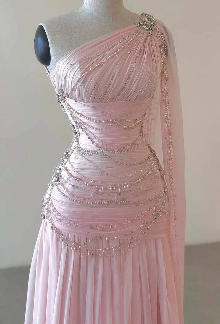 Pink Beaded Elegant Floor-Mounting Maxi Dresses Long Tulle Formal Prom Dresses Formal Evening Dresses
