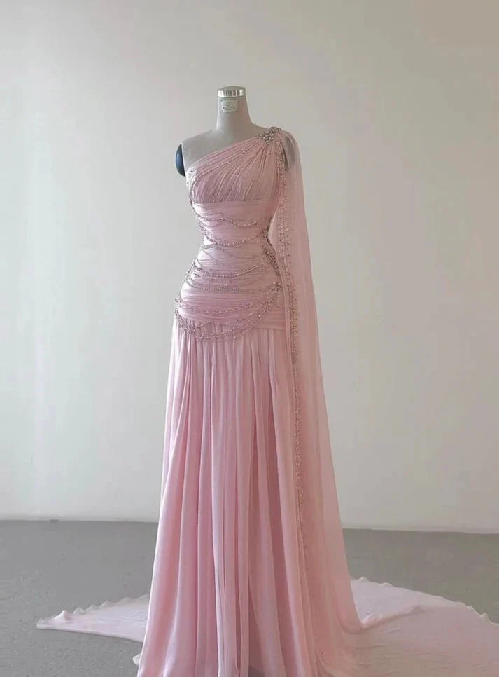 Pink Beaded Elegant Floor-Mounting Maxi Dresses Long Tulle Formal Prom Dresses Formal Evening Dresses
