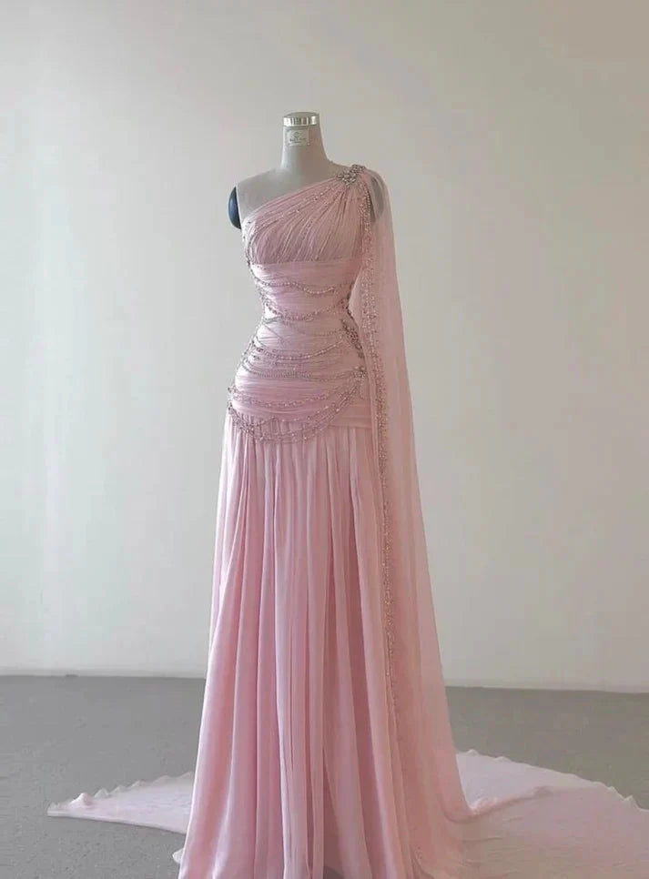 Pink Beaded Elegant Floor-Mounting Maxi Dresses Long Tulle Formal Prom Dresses Formal Evening Dresses