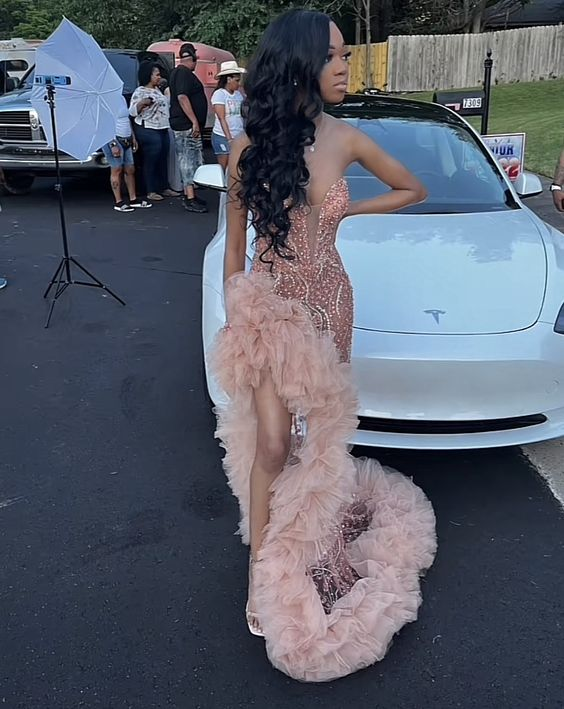 Pink Beaded Formal Dresses With Slit Sequins Evning Dresses