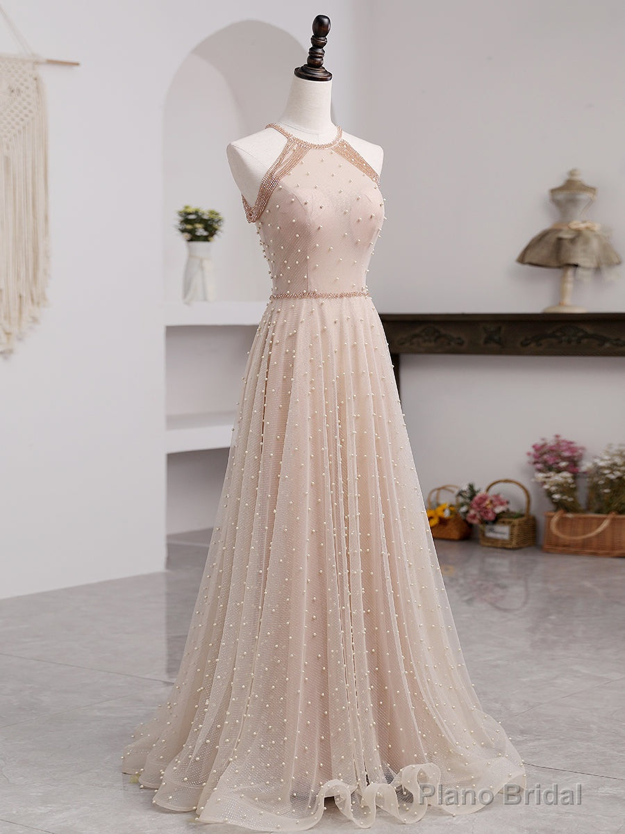 Pink Beaded Tulle Halter Long Formal Dress Evening Dress, Pink Long A-line Party Dress