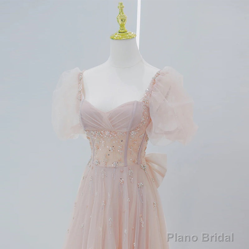 Pink Beaded Tulle Short Sleeves Long Party Dress, Pink Sweet 16 Dresses