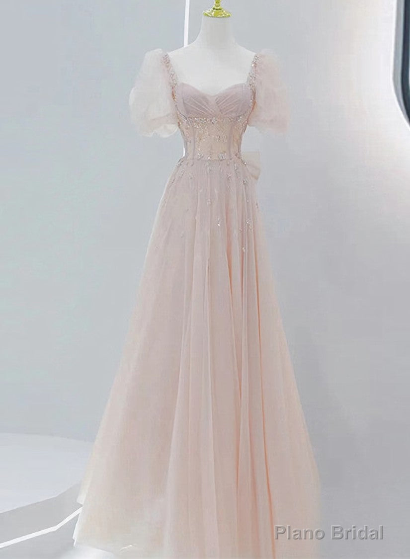 Pink Beaded Tulle Short Sleeves Long Party Dress, Pink Sweet 16 Dresses Secondary image