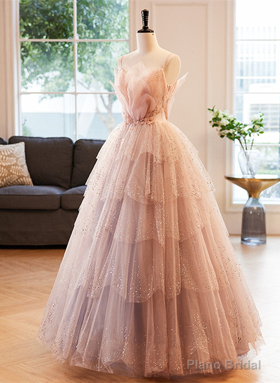 Pink Beaded V-neckline Tulle Party Dress Prom Dress, Tulle Layers Sweet 16 Dress Main image