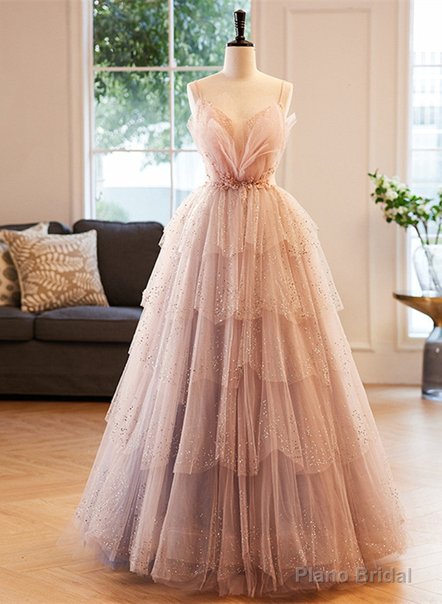 Pink Beaded V-neckline Tulle Party Dress Prom Dress, Tulle Layers Sweet 16 Dress Secondary image