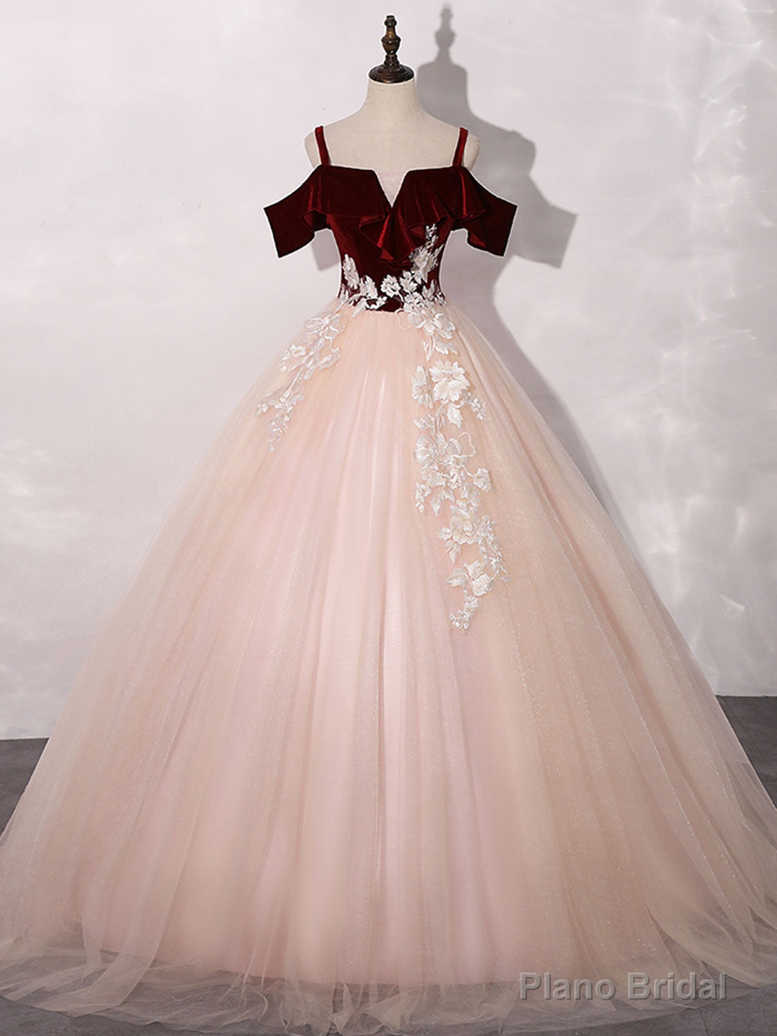 Pink/Burgundy Tulle Long Prom Dresses, A-Line Formal Sweet 16 Dress with Lace Main image