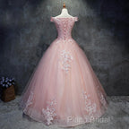 Pink Cap Sleeves Ball Gown Tulle With Lace Sweet 16 Formal Prom Dresses, Long Quinceanera Dresses