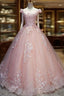 Pink Cap Sleeves Ball Gown Tulle With Lace Sweet 16 Formal Prom Dresses, Long Quinceanera Dresses