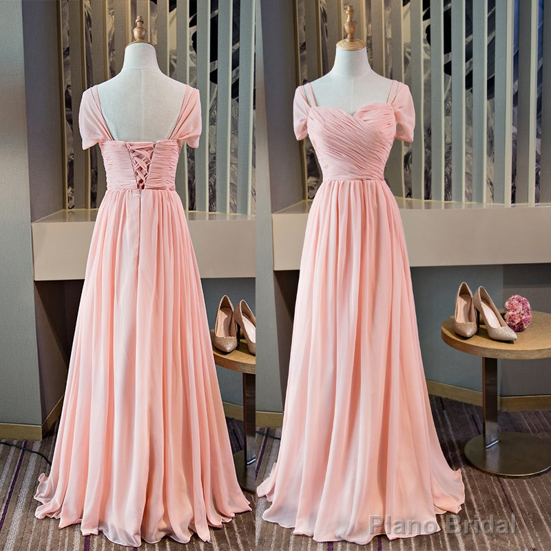 Pink Chiffon Cap Sleeves Long Bridesmaid Dress, Floor Length Pink Party Dress Main image