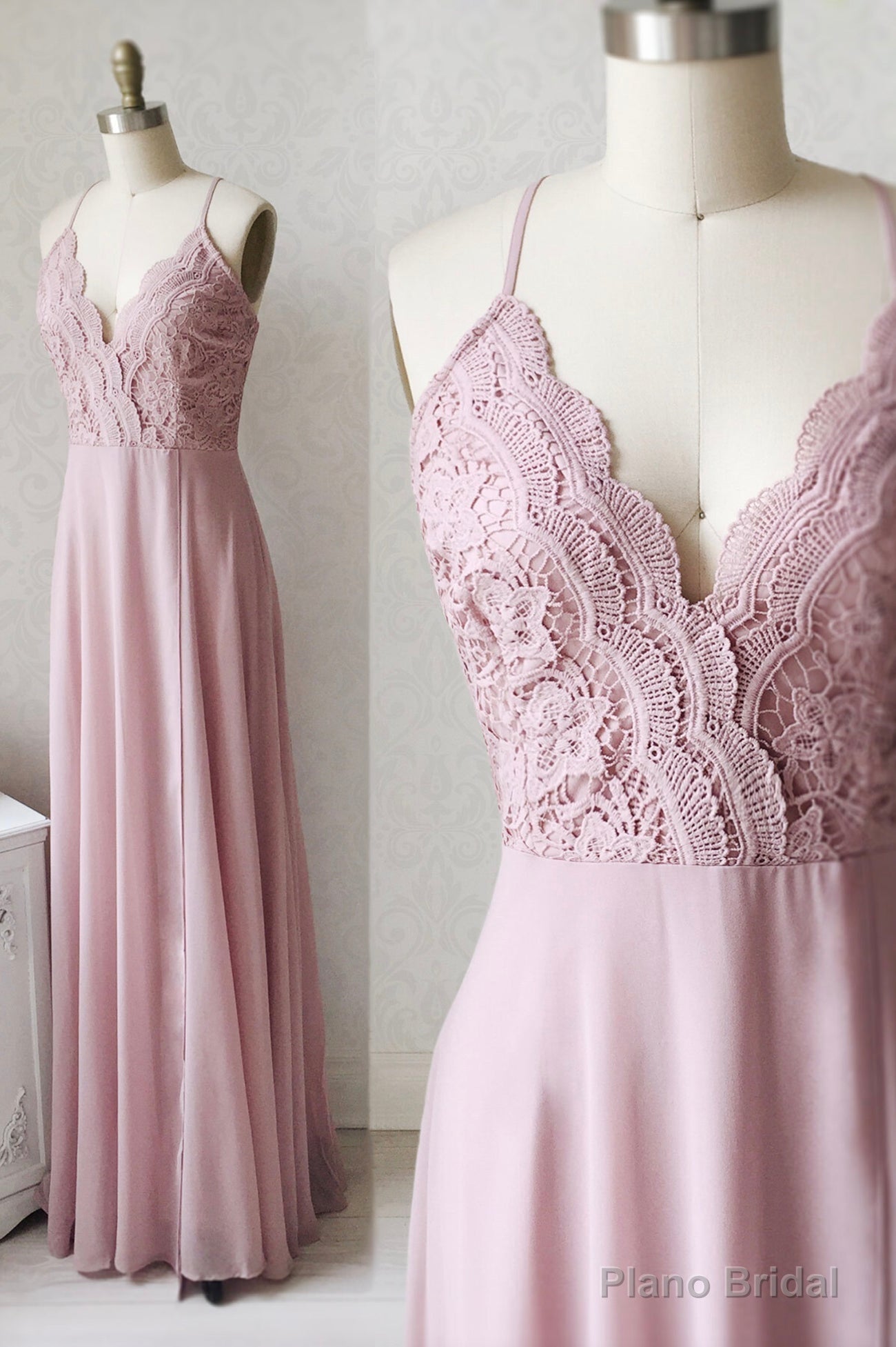 Pink Chiffon Lace Long A-Line Prom Dress, Pink V-Neck Evening Dress Main image