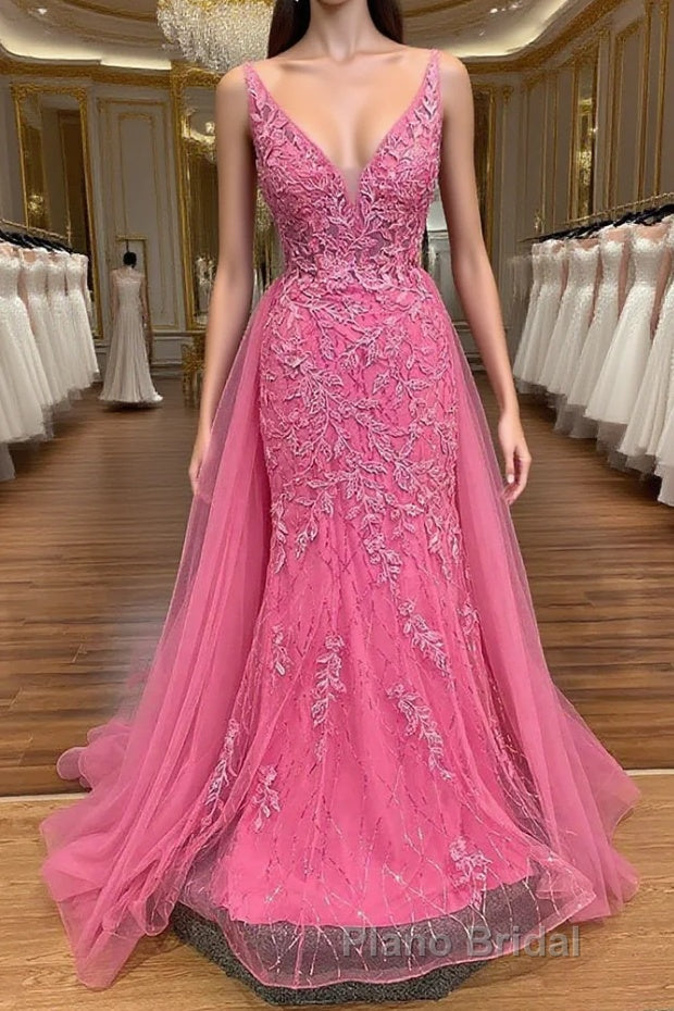 Pink Corset Formal Prom Dress Elegnat A Line Deep V Neck Party Evening Dress with Appliques Main image